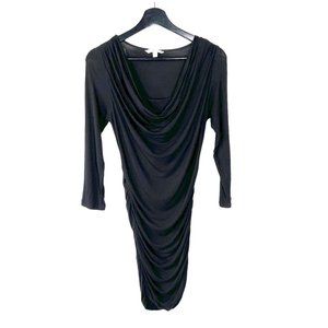 CAbi Black Ruched Sides Drape Neck Knee Length Long Sleeve Dress Small